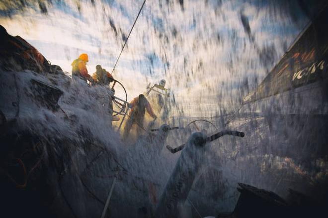 Onboard Team Alvimedica - A ray of evening sunshine illuminates an otherwise cold and dark deck after a big wave washes down the deck - Leg five to Itajai -  Volvo Ocean Race 2015 ©  Amory Ross / Team Alvimedica